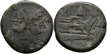 Римская Республика асс 206 - 195 гг. до н.э. анонимный выпуск, Голова Януса / Прора, Рим, VERY FINE, 34,30 гр Cr. 124/3 медь 1073-8-34