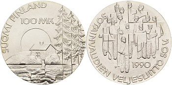 Финляндия 100 марок 1990 50 лет ассоциации ветеранов войны KM 67 серебро UNC 1525-1343