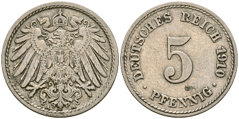 Германия 5 пфеннигов 1910 A, KM 11, J. 12 медно-никель 4364-2556