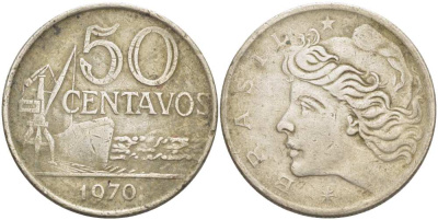 Бразилия 50 сентаво 1970 голова свободы влево KM 580а медно-никель 3459-151