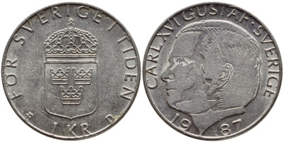 Швеция 1 крона 1987 Карл XVI Густав (1973- ) KM 852a медно-никель 4397-1154
