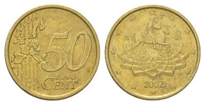 Италия 50 евроцентов 2002 R, Конная статуя Марка Аврелия KM 215 нордик 4629-341