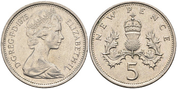 Великобритания 5 пенсов 1975 Елизавета II (1952-2022) KM 911, Spink 4233 (D1) медно-никель 4586-931