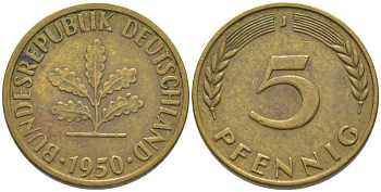 ФРГ 5 ПФЕННИГОВ 1950 J KM 107, J. 382 сталь плакированная латунью 116-261