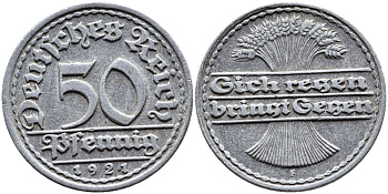 ГЕРМАНИЯ 50 ПФЕННИГОВ 1921 F KM 27, J. 301 алюминий 4390-847