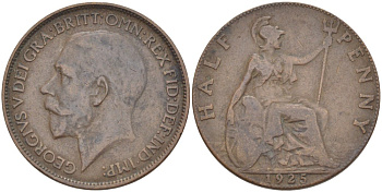 Великобритания 1/2 пенни 1925 Георг V (1910-1936), штрих на A - прямой KM 824, Spink 4057 бронза 4514-915