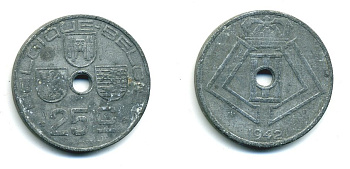 БЕЛЬГИЯ 25 САНТИМОВ 1942 BELGIQUE-BELGIE, ГЕРМАНСКАЯ ОККУПАЦИЯ, ВТОРАЯ МИРОВАЯ ВОЙНА KM 131 цинк 57-252