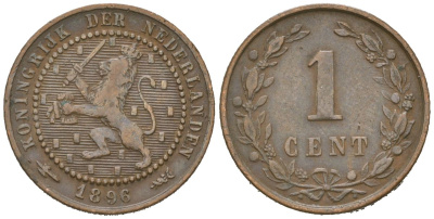 Нидерланды 1 цент 1896 Вильгельмина (1890-1948) KM 107 бронза 4154-553