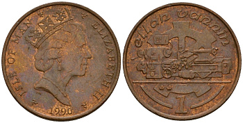 Остров Мэн 1 пенни 1990 AA, токарный станок, Елизавета II (1953-) KM 207 бронза 4602-829