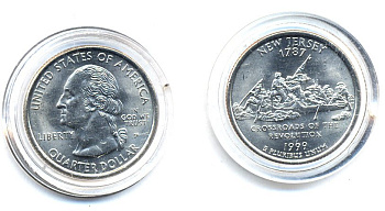 США 25 центов = квотер 1999 Р, серия штаты США, Нью-Джерси KM 295 медь плакированная медно-никелемь UNC 61-645