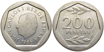 ИСПАНИЯ 200 ПЕСЕТ 1986 ХУАН КАРЛОС I (1975-) KM 829 медно-никель 113-356