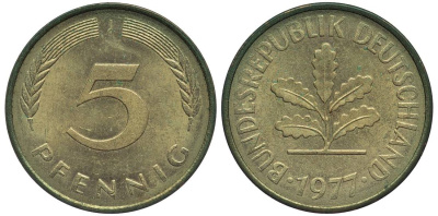 ФРГ 5 ПФЕННИГОВ 1977 J KM 107, Jager 382 сталь плакированная латунью 4547-757