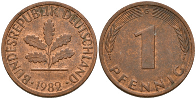 ФРГ 1 пфенниг 1982 G KM 105, J. 380 сталь плакированная медью    4598-623
