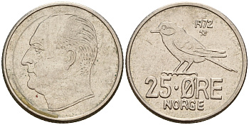 Норвегия 25 эре 1972 Улаф V (1958-1991), синица KM 407 медно-никель    4598-1246