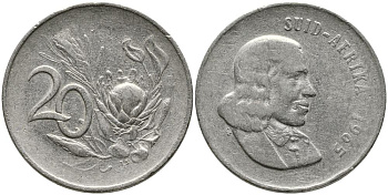 ЮАР 20 ЦЕНТОВ 1965 SUID AFRIKA, ЯН ВАН РИБЕК (1619-1677), ГОЛАНДСКИЙ ИССЛЕДОВАТЕЛЬ , МОРЕПЛАВАТЕЛЬ, ОСНОВАТЕЛЬ Г. КЕЙПТАУНА, ЦВЕТОК ПРОТЕЯ, АФРИКАНСКАЯ ЛЕГЕНДА KM 69.2 никель 3336-1237