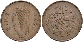 Ирландия 2 пенса 1971 виньетка в виде стилизованной птицы из второй библии Карла II лысого KM 21 бронза 4566-916