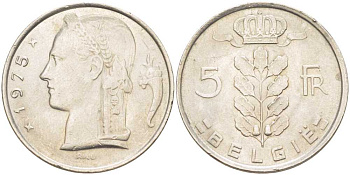 Бельгия 5 франков 1975 Belgie, Бодуэн I (1951-1993) KM 135.1 медно-никель 202-1222