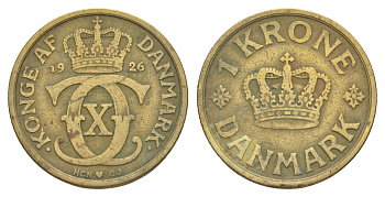 Дания 1 крона 1926 HCN, Кристиан X (1912-1947) KM 824 алюминиевая бронза 4638-645