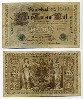 Германия 1000 марок 1910 зеленая печать, 7 значный номер Pick 45 b  бумага   8610-45-1-1