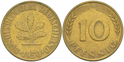 ФРГ 10 ПФЕННИГОВ 1950 D KM 108, J. 383 сталь плакированная латунью 219-423