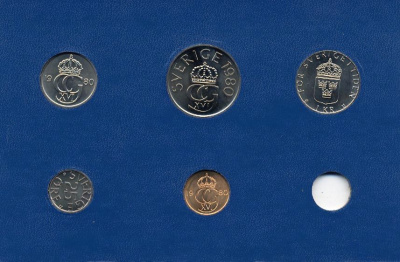 Швеция 5, 25, 50 эре и 1, 5 крон 1980 в картоне набора монетного двора, Карл XVI Густав (1973- ) UNC 7-5-7-277