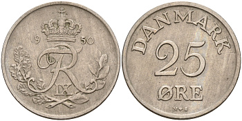 Дания 25 эре 1950 N,S, Фредерик IX (1947-1972) KM 842.1 медно-никель    4143-324