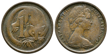 Австралия 1 цент 1967 Елизавета II (1953-), молодой портрет, опоссум КМ 62 бронза 220-423