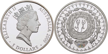 АВСТРАЛИЯ 5 ДОЛЛАРОВ 2000 (1998) СЕРИЯ ОЛИМПИАДА В СИДНЕЕ 2000 ГОДА, АБОРИГЕНСКИЕ ТАНЦЫ, ЦВЕТНАЯ ЭМАЛЬ KM 381 серебро PROOF 1078-1-62