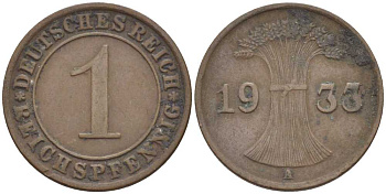 ГЕРМАНИЯ 1 РЕЙХСПФЕННИГ 1933 A KM 37, J. 313, Weege 2 бронза 211-123