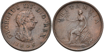 Великобритания 1 фартинг 1806 Георг III (1760-1820) KM 661, Spink 3782 медь 441-413