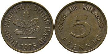 ФРГ 5 ПФЕННИГОВ 1975 J KM 108, J.383 сталь плакированная латунью 33-214