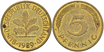 ФРГ 5 пфеннигов 1989 D KM 107 сталь плакированная латунью 4580-362