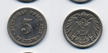 ГЕРМАНИЯ 5 ПФЕННИГОВ 1907 A, KM 11, J. 12 медно-никель 84-964