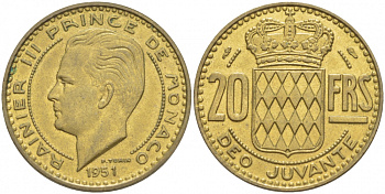 Монако 20 франков 1951 Ренье III (1949-2005) KM 131 алюминиевая бронза 4402-645