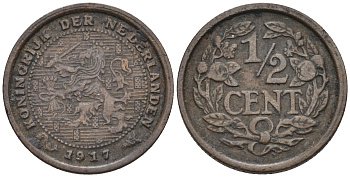 Нидерланды 1/2 цента 1917 Вильгельмина (1890-1948) KM 138 бронза    4169-239