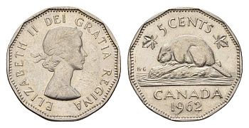 Канада 5 центов 1962 Елизавета II (1952-2022), бобр KM 50a никель 4643-616