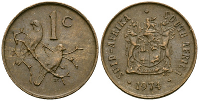 ЮАР 1 цент 1974 капские воробьи KM 82 бронза 4136-846