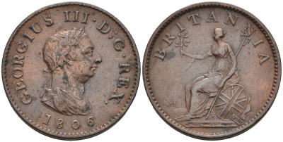 Великобритания 1 фартинг 1806 Георг III (1760-1820) KM 661, Spink 3782 медь 441-413