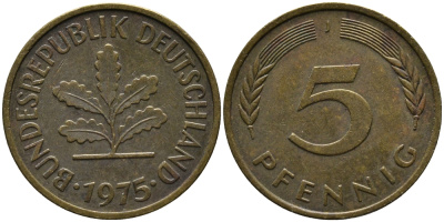 ФРГ 5 ПФЕННИГОВ 1975 J KM 108, J.383 сталь плакированная латунью 33-214