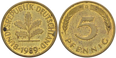 ФРГ 5 пфеннигов 1989 D KM 107 сталь плакированная латунью 4580-362