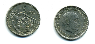 ИСПАНИЯ 5 ПЕСЕТ 1957 (73) ФРАНСИСКО ФРАНКО ДИКТАТОР ИСПАНИИ (1939-1975) KM 786 медно-никель 53-1141