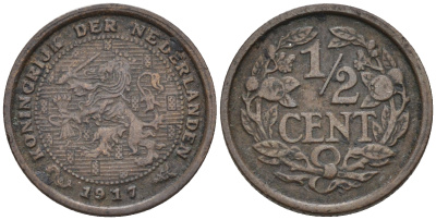 Нидерланды 1/2 цента 1917 Вильгельмина (1890-1948) KM 138 бронза    4169-239