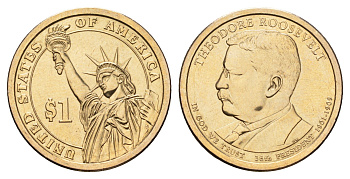 США 1 доллар 2013 D, Президент США - Теодор Рузвельт (1901–1909) KM 548 медь с марганцево-латунным покрытием UNC 4700-1045