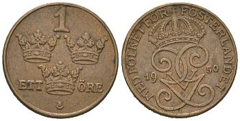 Швеция 1 эре 1950 Густав V (1907-1950) KM 777.2 бронза 4621-513