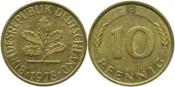 ФРГ 10 ПФЕННИГОВ 1978 G KM 108, J.383 сталь плакированная латунью 98-523