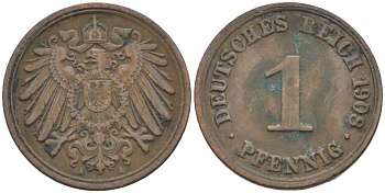 ГЕРМАНИЯ 1 ПФЕННИНГ 1908 А KM 10, J. 10 медь 201-928