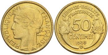 ФРАНЦИЯ 50 САНТИМОВ 1939 В, ТИП MORLON, МОНДВОР БРЮССЕЛЬ KM 894.2, LE FRANC 192.16 алюминиевая бронза 44-915