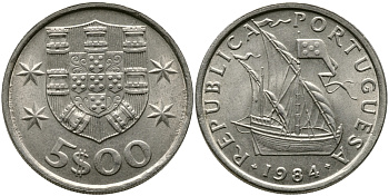 ПОРТУГАЛИЯ 5 ЭСКУДО 1984 ПАРУСНИК KM 591 медно-никель 65-1125
