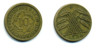 ГЕРМАНИЯ 10 РЕЙХСПФЕННИГОВ 1924 F KM 40, J. 317, Weege 9 алюминиевая бронза 54-531