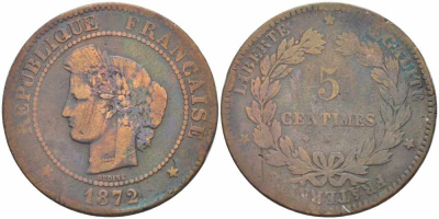 ФРАНЦИЯ 5 САНТИМОВ 1872 K, ТРЕТЬЯ РЕСПУБЛИКА (1871-1940) KM 821.2, LE FRANC 118.7 бронза 108-714